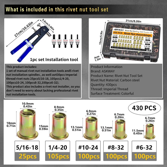 Alt view image 2 of 6 - Imperial Rivet Nut Tool Kit 430pcs, SAE Rivet Nut Combination SAE Threaded Rivet Nut5/16-181/4-2010-248-326-32, Suitable for Automotive, Marine and Industrial Applications
