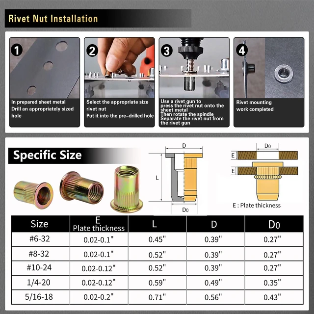 Alt view image 4 of 6 - Imperial Rivet Nut Tool Kit 430pcs, SAE Rivet Nut Combination SAE Threaded Rivet Nut5/16-181/4-2010-248-326-32, Suitable for Automotive, Marine and Industrial Applications