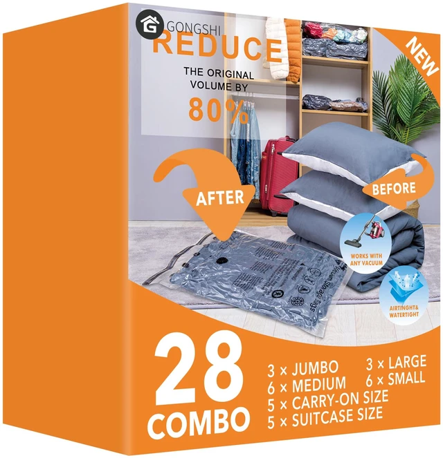 Main image of Vacuum Storage Bags for Clothing, 28-Piece Set 3 Jumbo, 3 Large, 6 Medium, 6 Small and 10 Travel Roll-Up Bags; Ideal for Clothes, Bedding, Travel and Home Organization