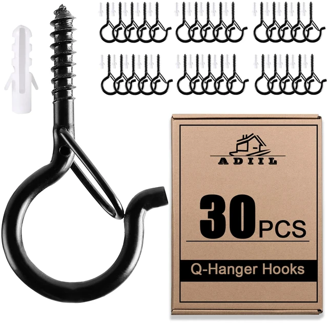 Main image of Q Hanger Ceiling Screw Hooks for Hanging Outdoor String Light, Plants 2.2 Inches Windproof Cup Eye Hooks with Safety Buckle for Hanging Basket Patio Christmas Lights, Black, 30 PCS
