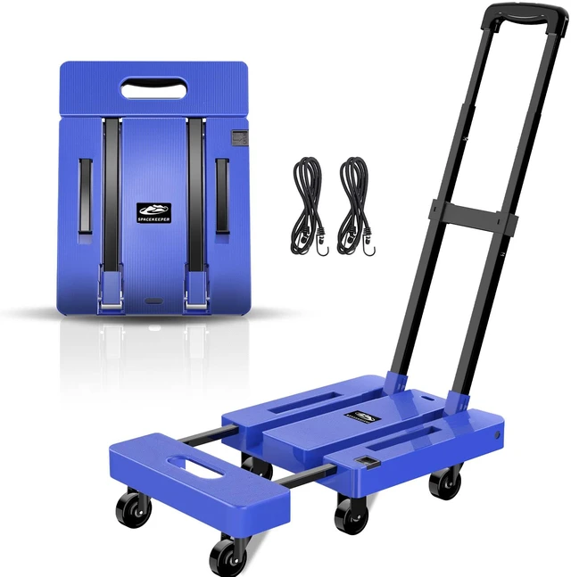 Main image of Folding Hand Truck, 500 LB Heavy Duty Luggage Cart, Blue Utility Dolly Platform Cart with 6 Wheels & 2 Elastic Ropes for Luggage, Travel, Moving, Shopping, Office Use