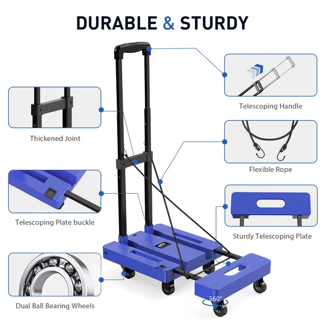 Alt view image 3 of 7 - Folding Hand Truck, 500 LB Heavy Duty Luggage Cart, Blue Utility Dolly Platform Cart with 6 Wheels & 2 Elastic Ropes for Luggage, Travel, Moving, Shopping, Office Use