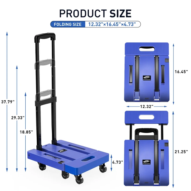 Alt view image 2 of 7 - Folding Hand Truck, 500 LB Heavy Duty Luggage Cart, Blue Utility Dolly Platform Cart with 6 Wheels & 2 Elastic Ropes for Luggage, Travel, Moving, Shopping, Office Use