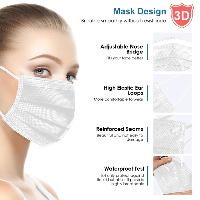 Alt view image 3 of 7 - White Disposable Face Masks 125 Pcs,3-Ply Adults Mask Indoor Outdoor