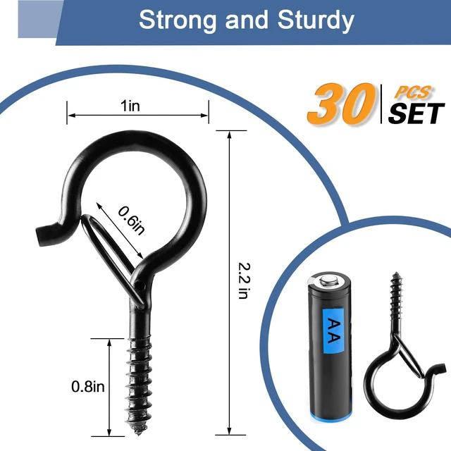 Alt view image 6 of 7 - Q Hanger Ceiling Screw Hooks for Hanging Outdoor String Light, Plants 2.2 Inches Windproof Cup Eye Hooks with Safety Buckle for Hanging Basket Patio Christmas Lights, Black, 30 PCS