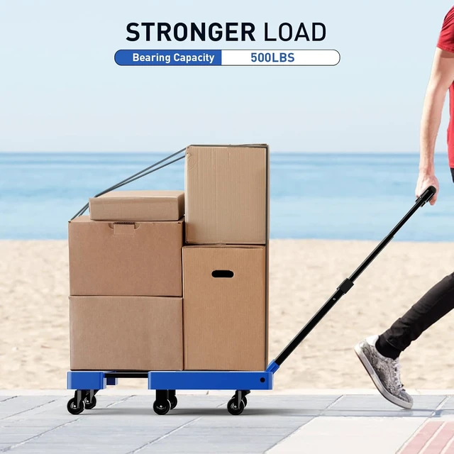 Alt view image 4 of 7 - Folding Hand Truck, 500 LB Heavy Duty Luggage Cart, Blue Utility Dolly Platform Cart with 6 Wheels & 2 Elastic Ropes for Luggage, Travel, Moving, Shopping, Office Use