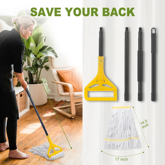 Alt view image 3 of 7 - 2 Pack Commercial Mop Heavy Duty,Industrial String Cotton Wet Mops 60 inch Long Handle,Looped-End Mop Head,for Home,Garage,Kitchen, Office, Workshop, Warehouse Floor Cleaning