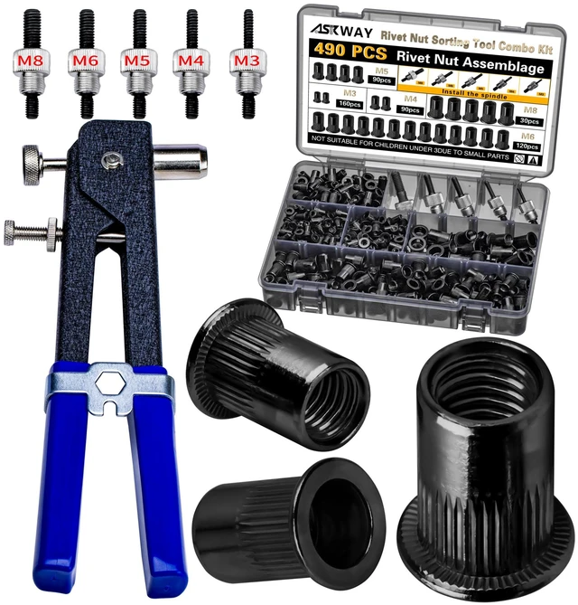 Main image of Rivet Nut Tool Kit, 490Pcs Black Zinc Metric Rivet Nut Combination Metric Carbon Steel Rivet Nuts (M8/M6/M5/M4/M3), Includes rivet nut tool Suitable for Automotive and Industrial Applications