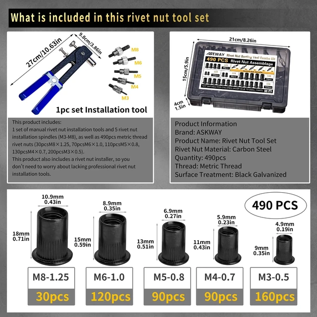 Alt view image 2 of 6 - Rivet Nut Tool Kit, 490Pcs Black Zinc Metric Rivet Nut Combination Metric Carbon Steel Rivet Nuts (M8/M6/M5/M4/M3), Includes rivet nut tool Suitable for Automotive and Industrial Applications