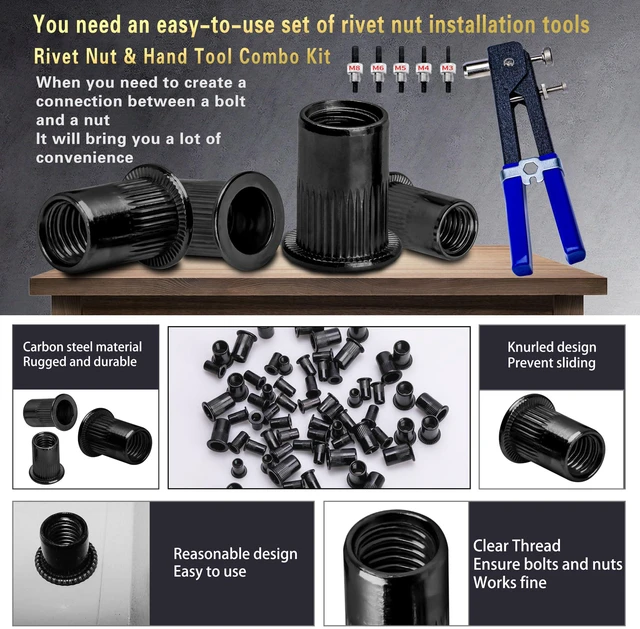 Alt view image 3 of 6 - Rivet Nut Tool Kit, 490Pcs Black Zinc Metric Rivet Nut Combination Metric Carbon Steel Rivet Nuts (M8/M6/M5/M4/M3), Includes rivet nut tool Suitable for Automotive and Industrial Applications