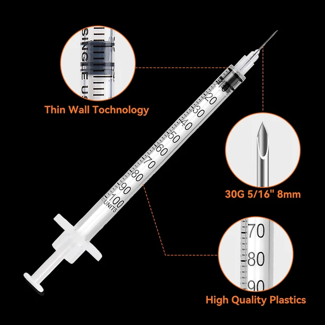 Alt view image 5 of 7 - 100 PACK U-100 Syringes 30G 5/16" (8mm) 1ml/cc, Disposable Syringe U-100 Syringes 30G 5/16" (8mm) 1ml/cc, Disposable Syringe