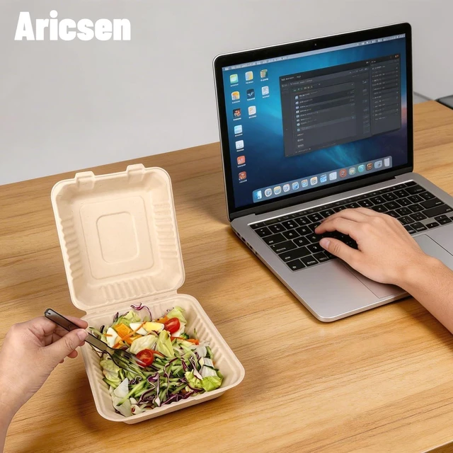 Alt view image 6 of 7 - Disposable 50 Pack 8×9 Inch Take Out Lunch Box Containers with Lids Compostable and Eco-Friendly Biodegradable Bagasse To Go Containers, PFAS-Free, Ideal for Meal Prep, Food, Party, Picnic