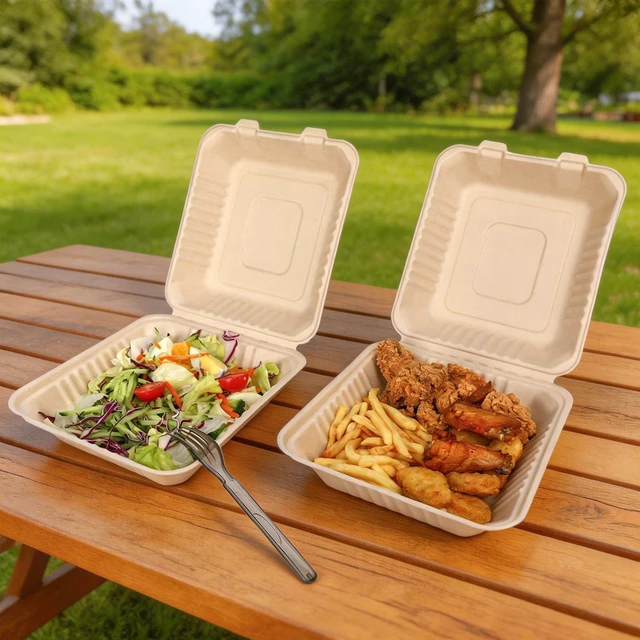 Alt view image 7 of 7 - Disposable 50 Pack 8×9 Inch Take Out Lunch Box Containers with Lids Compostable and Eco-Friendly Biodegradable Bagasse To Go Containers, PFAS-Free, Ideal for Meal Prep, Food, Party, Picnic