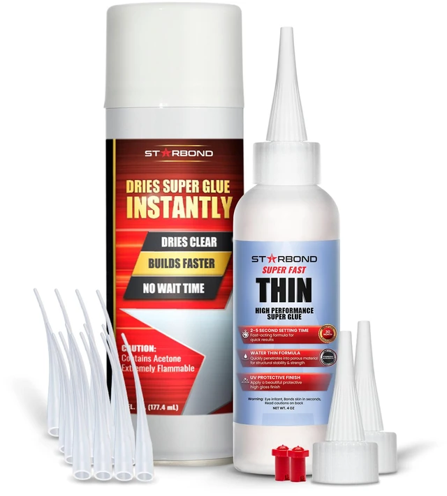 Main image of Thin CA Glue with Activator Bundle (4 oz. + 6 oz.) Premium Cyanoacrylate Super Glue with Aerosol Accelerator for Woodworking and Repair, Pen Turning, CA Finish, Inlays, Luthiery, Crafts