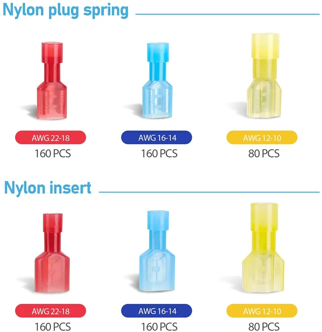 Alt view image 5 of 7 - 800 Pcs Nylon Spade Connector Kit, Insulated Crimp Wire Connectors Corrosion Resistant Thick Tinned Copper Terminals, Nylon Insulated, Color-Coded Identification, Auto Electrical Projects