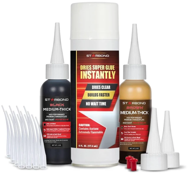 Main image of Knot Filler System 2 oz Black and 2 oz Brown Medium-Thick CA Glue with 6 oz Accelerator Spray Instant Crack & Void Repair for Woodworking, Woodturning, Sandable Finish