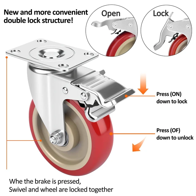 Alt view image 2 of 6 - 5 Inch Industrial Heavy Duty Swivel Caster Wheels with Brake,Set of 4 Safety Locking Casters,Load 2400lbs,Premium Polyurethane Wheels for Table,Trailer,Saw Table,Stage Toolbox,Bed,Corn Board