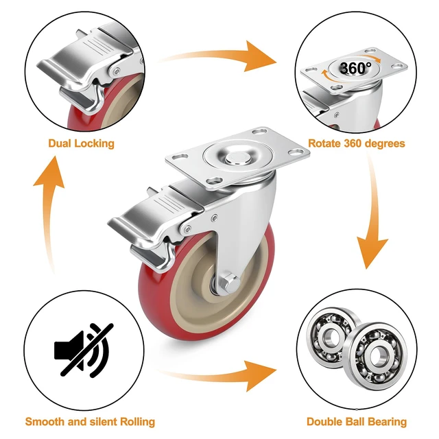 Alt view image 3 of 6 - 5 Inch Industrial Heavy Duty Swivel Caster Wheels with Brake,Set of 4 Safety Locking Casters,Load 2400lbs,Premium Polyurethane Wheels for Table,Trailer,Saw Table,Stage Toolbox,Bed,Corn Board