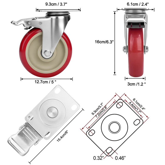 Alt view image 4 of 6 - 5 Inch Industrial Heavy Duty Swivel Caster Wheels with Brake,Set of 4 Safety Locking Casters,Load 2400lbs,Premium Polyurethane Wheels for Table,Trailer,Saw Table,Stage Toolbox,Bed,Corn Board