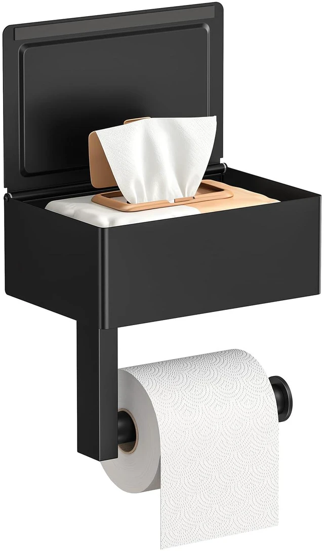 Main image of Toilet Paper Holder with Shelf, Wall-Mounted Modern Wipes Dispenser Matte Black Toilet Paper Holder with Storage Baby Wipes Dispenser for Bathroom 6.5"x4.5" Small Shelf