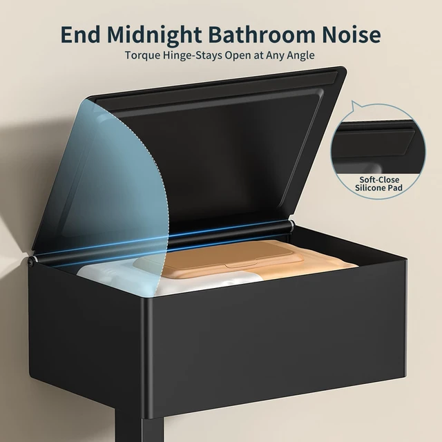 Alt view image 3 of 7 - Toilet Paper Holder with Shelf, Wall-Mounted Modern Wipes Dispenser Matte Black Toilet Paper Holder with Storage Baby Wipes Dispenser for Bathroom 6.5"x4.5" Small Shelf
