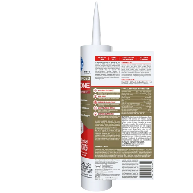 Alt view image 2 of 6 - Advanced Silicone Caulk for Kitchen & Bathroom, White, 10 fl oz Cartrid, 1 Pack - 100% Waterproof Silicone Sealant, 5X Stronr Adhesion, Shrink & Crack Proof
