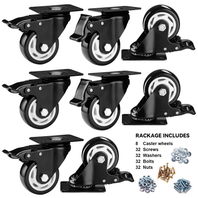 Alt view image 2 of 6 - Caster Wheels-3 Inch Swivel Casters Set of 4 Heavy Duty with Brake Locking Industrial Caster with 360 Degree No Noise Polyurethane Wheels, Locking Plate Casters for Furniture - Pack of 8