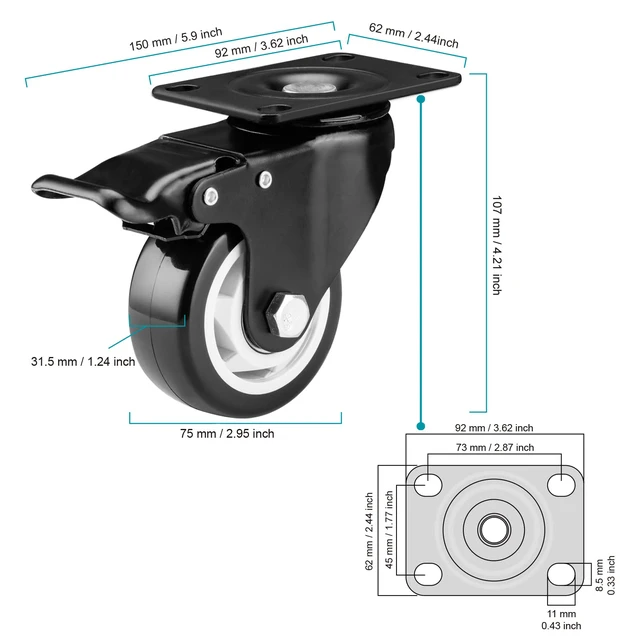 Alt view image 3 of 6 - Caster Wheels-3 Inch Swivel Casters Set of 4 Heavy Duty with Brake Locking Industrial Caster with 360 Degree No Noise Polyurethane Wheels, Locking Plate Casters for Furniture - Pack of 8