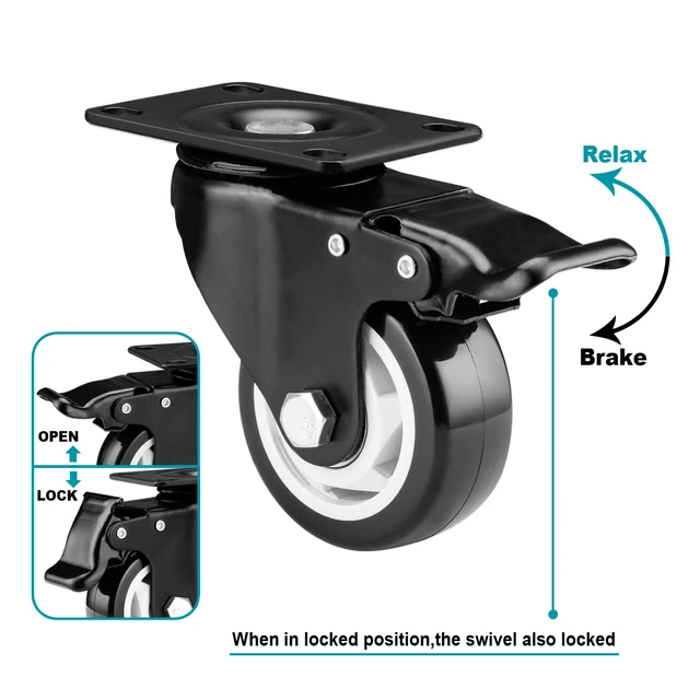 Alt view image 5 of 6 - Caster Wheels-3 Inch Swivel Casters Set of 4 Heavy Duty with Brake Locking Industrial Caster with 360 Degree No Noise Polyurethane Wheels, Locking Plate Casters for Furniture - Pack of 8
