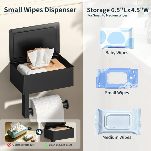 Alt view image 4 of 7 - Toilet Paper Holder with Shelf, Wall-Mounted Modern Wipes Dispenser Matte Black Toilet Paper Holder with Storage Baby Wipes Dispenser for Bathroom 6.5"x4.5" Small Shelf