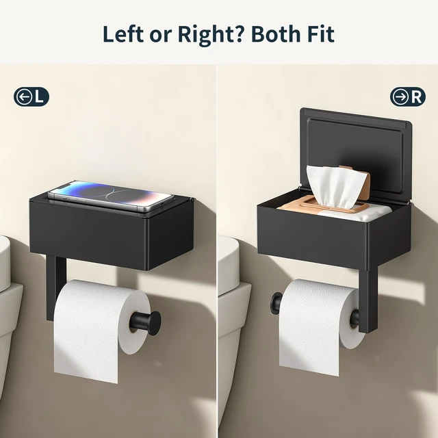 Alt view image 7 of 7 - Toilet Paper Holder with Shelf, Wall-Mounted Modern Wipes Dispenser Matte Black Toilet Paper Holder with Storage Baby Wipes Dispenser for Bathroom 6.5"x4.5" Small Shelf