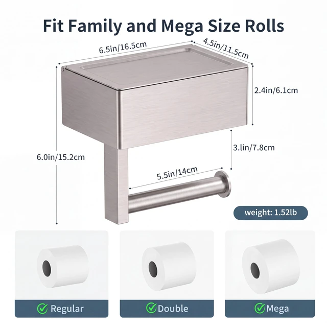 Alt view image 2 of 7 - Toilet Paper Holder with Shelf, Wall-Mounted Modern Wipes Dispenser Brushed Nickel Toilet Paper Holder with Storage Baby Wipes Dispenser for Bathroom 6.5"x4.5" Small Shelf