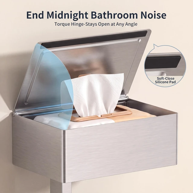 Alt view image 3 of 7 - Toilet Paper Holder with Shelf, Wall-Mounted Modern Wipes Dispenser Brushed Nickel Toilet Paper Holder with Storage Baby Wipes Dispenser for Bathroom 6.5"x4.5" Small Shelf