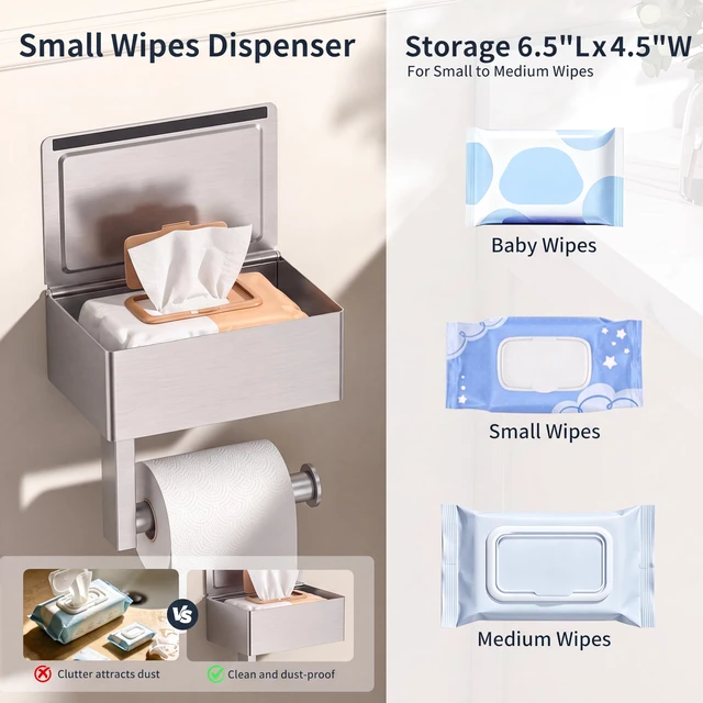 Alt view image 4 of 7 - Toilet Paper Holder with Shelf, Wall-Mounted Modern Wipes Dispenser Brushed Nickel Toilet Paper Holder with Storage Baby Wipes Dispenser for Bathroom 6.5"x4.5" Small Shelf