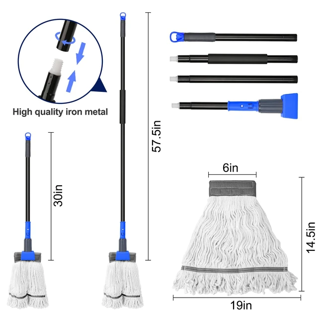 Alt view image 5 of 7 - Heavy Duty Mops for Floor Cleaning,60" Commercial Industrial Mop Long Handle, Looped-End String Cotton Wet Mop for Home, Kitchen, Garage, Office and Concrete/Tile Floor