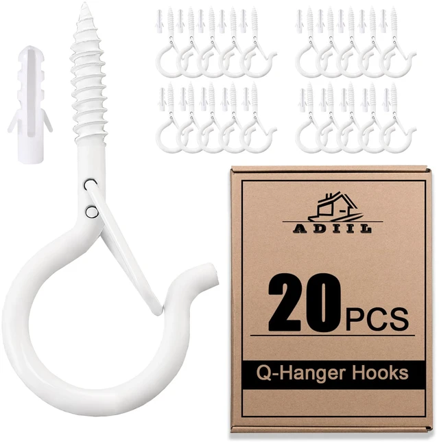 Main image of Q Hanger Ceiling Screw Hooks for Hanging Outdoor String Light, Plants 2.2 Inches Windproof Cup Eye Hooks with Safety Buckle for Hanging Basket Patio Christmas Lights, White, 20 PCS