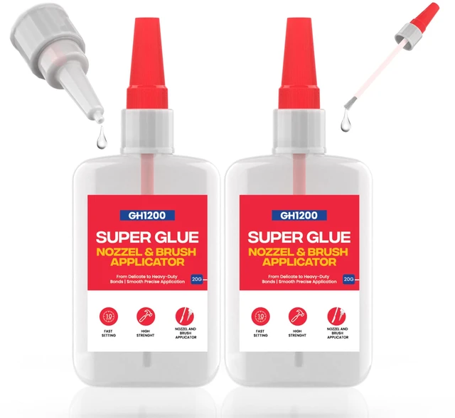 Main image of 2 PCs (2-in-1) Super Glue with Brush Applicator & Nozzle, Mess Free Superglue Brush, Instant Never Dries, 3000 CPS Ca Glue, No Stain Clear Glue, Super Glue for Plastic, Rubber & More