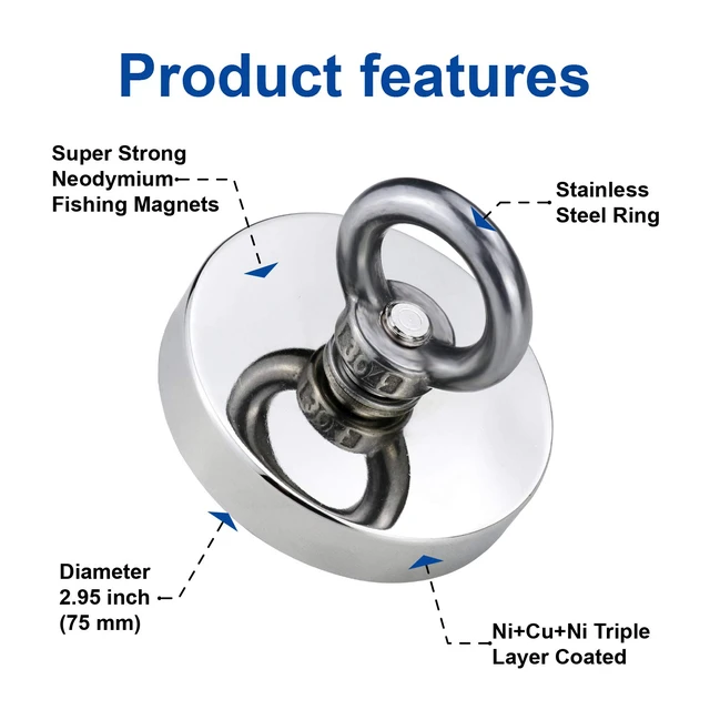 Alt view image 5 of 7 - Fishing Magnets with Countersunk Hole 2.95 inch 650LBS Pulling Force Strong Lifting Magnet Neodymium Rare Earth Eyebolt for Retrieving in River and Magnetic