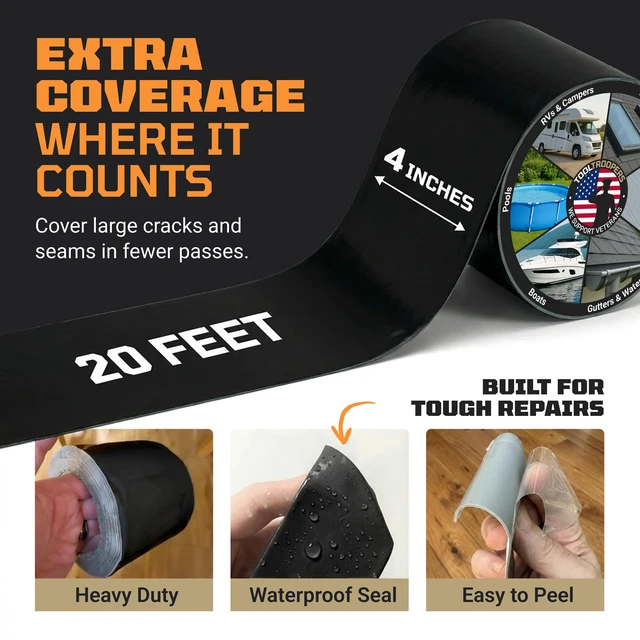 Alt view image 3 of 7 - TITANPATCH PRO Waterproof Sealant Tape Black 4" x20' Stops Leaks Fast & Stays Sealed for 15+ Years Sticks to RVs, Roofs, Pools, Boats, Gutters Built for Harsh Weather (-40°F to 190°F)