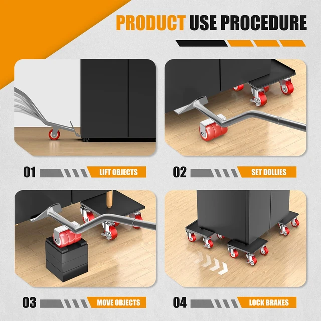 Alt view image 5 of 7 - Furniture Dolly, 2000LBS Furniture Movers with Wheels 5-Wheel Carbon Steel Dolly with Lifter, 360°Swivel Locking Casters for Sofa, Refrigerator, Washer & Cabinet,6.4in Silvery