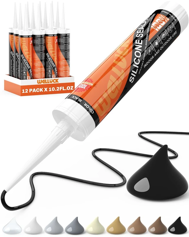 Main image of Black Silicone Caulk, 100% Waterproof Silicone Sealant Adhesive Caulking,for RV, Kitchen,Bathroom, Window, Door, Glass, Auto Leak Sealing 10.2FL.OZ/300ML12 Pack