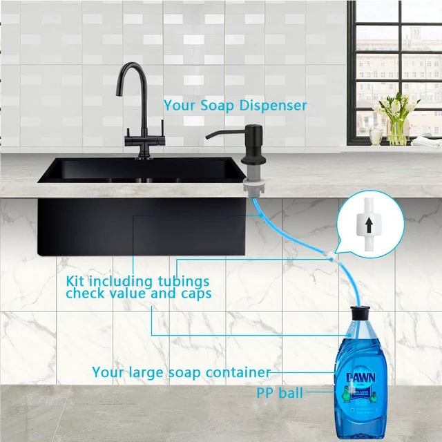 Alt view image 4 of 7 - Soap Dispenser for Kitchen Sink, Countertop Soap Dispenser Pump, 47" Silicone Extension Tube Connect to The Soap Bottle Directly, Say Goodbye to Frequent Refills (Black)