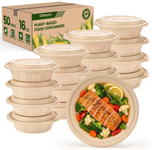 Main image of 100 Piece (50 Pack) Meal Prep Bowl Containers with Lids, Cornstarch Round Food Containers for Lunch Salad Deli Soup, BPA Free Plant-based Take Out Containers Microwave & Freezer Safe, 16 oz