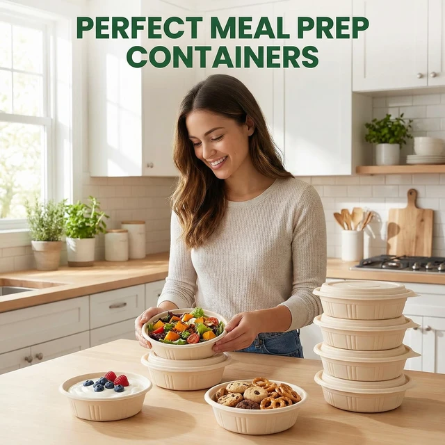 Alt view image 2 of 7 - 100 Piece (50 Pack) Meal Prep Bowl Containers with Lids, Cornstarch Round Food Containers for Lunch Salad Deli Soup, BPA Free Plant-based Take Out Containers Microwave & Freezer Safe, 16 oz
