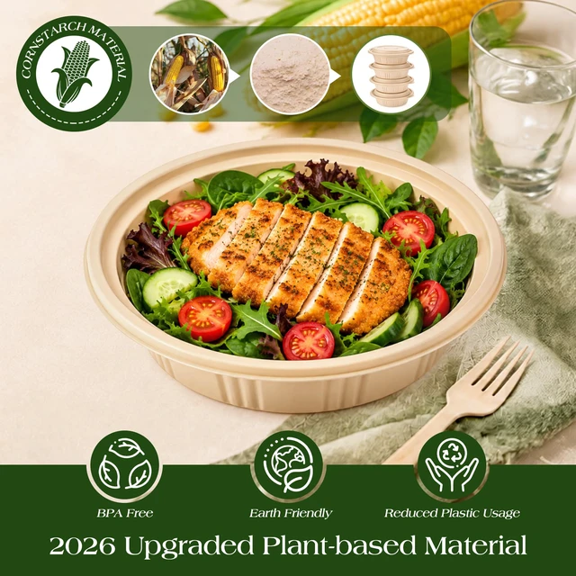 Alt view image 3 of 7 - 100 Piece (50 Pack) Meal Prep Bowl Containers with Lids, Cornstarch Round Food Containers for Lunch Salad Deli Soup, BPA Free Plant-based Take Out Containers Microwave & Freezer Safe, 16 oz
