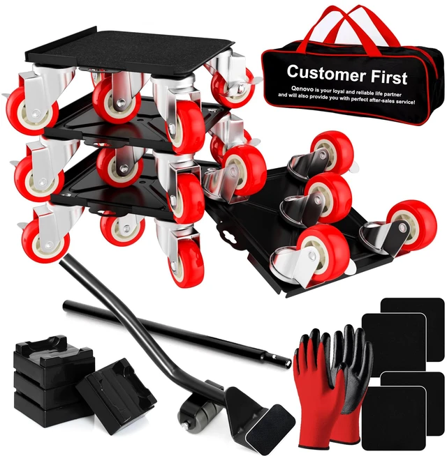 Main image of 1,500 lb Capacity Furniture Dolly Set, 5.3-Inch Platforms, Red Carbon Steel Dollies Feature Five Quiet Wheels, Including Locking Casters, Plus a Pry Bar for Washers, Sofas and Cabinets