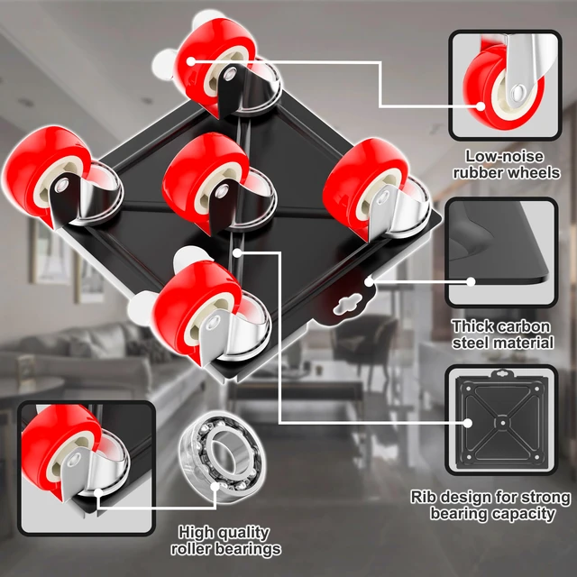 Alt view image 2 of 7 - 1,500 lb Capacity Furniture Dolly Set, 5.3-Inch Platforms, Red Carbon Steel Dollies Feature Five Quiet Wheels, Including Locking Casters, Plus a Pry Bar for Washers, Sofas and Cabinets