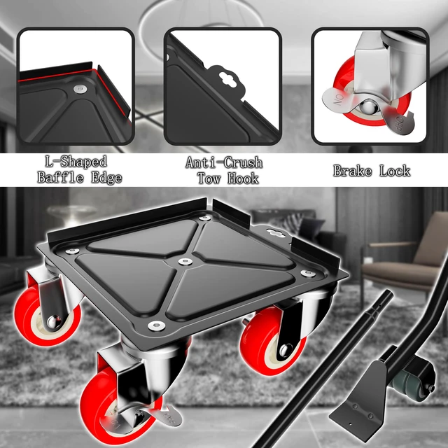 Alt view image 3 of 7 - 1,500 lb Capacity Furniture Dolly Set, 5.3-Inch Platforms, Red Carbon Steel Dollies Feature Five Quiet Wheels, Including Locking Casters, Plus a Pry Bar for Washers, Sofas and Cabinets