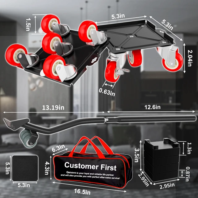 Alt view image 5 of 7 - 1,500 lb Capacity Furniture Dolly Set, 5.3-Inch Platforms, Red Carbon Steel Dollies Feature Five Quiet Wheels, Including Locking Casters, Plus a Pry Bar for Washers, Sofas and Cabinets