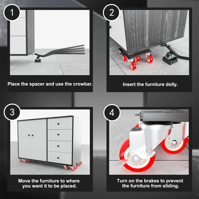 Alt view image 7 of 7 - 1,500 lb Capacity Furniture Dolly Set, 5.3-Inch Platforms, Red Carbon Steel Dollies Feature Five Quiet Wheels, Including Locking Casters, Plus a Pry Bar for Washers, Sofas and Cabinets